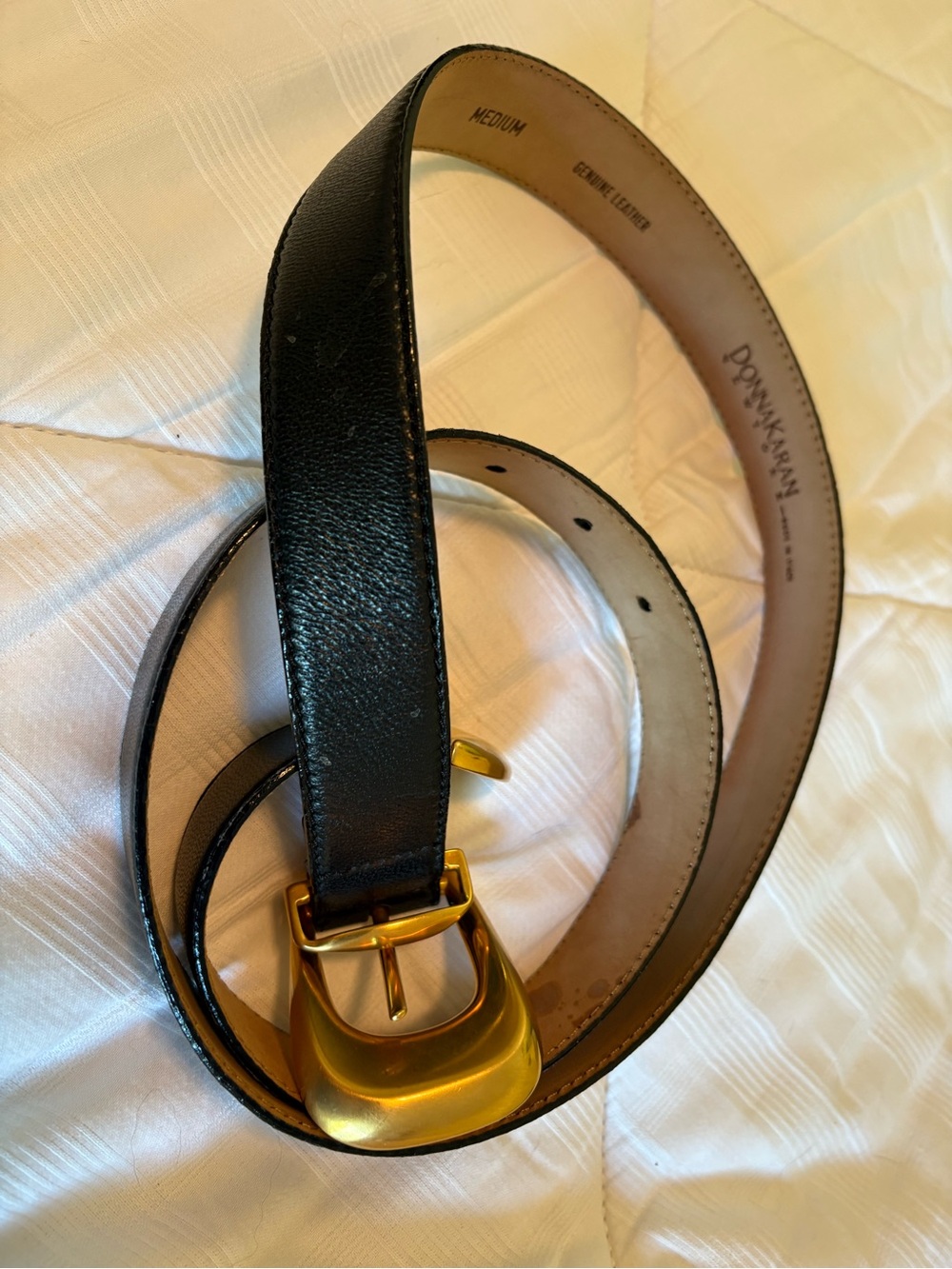 Donna Karan Black Leather Belt with Gold Buckle - Picture 3 of 10